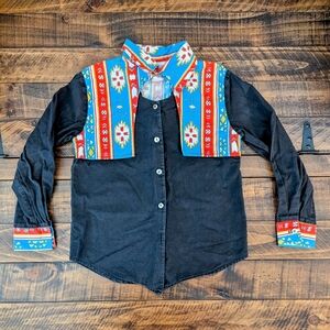 Vintage 90's Wagon Wheel Button Down Shirt Aztec Print Accent Boys Medium (9-10)